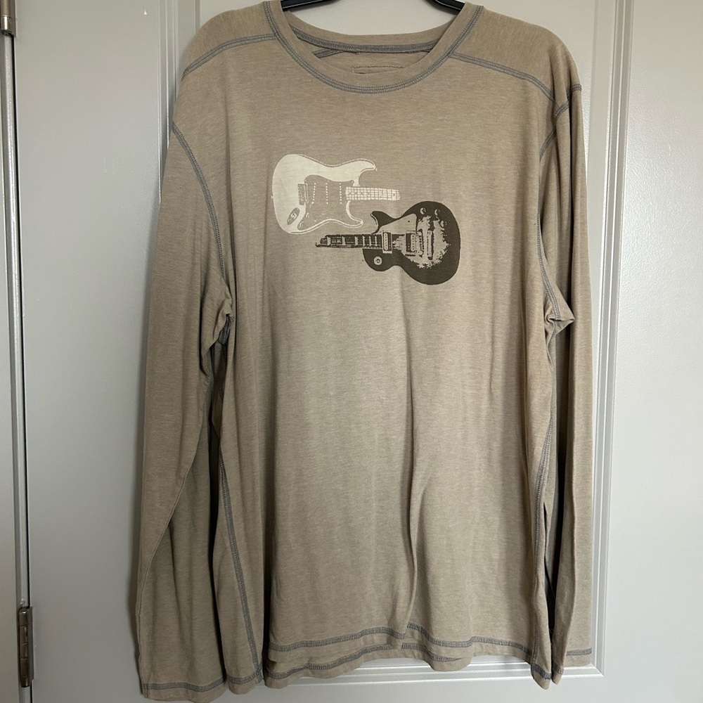 Life Is Good Men's Tan Long-Sleeve Tee with Two Guitar Graphic